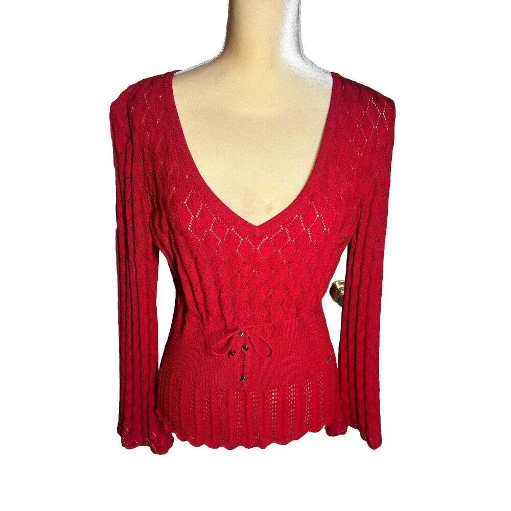 St John Women’s Size Medium Crochet Sweater Red Wool Blend